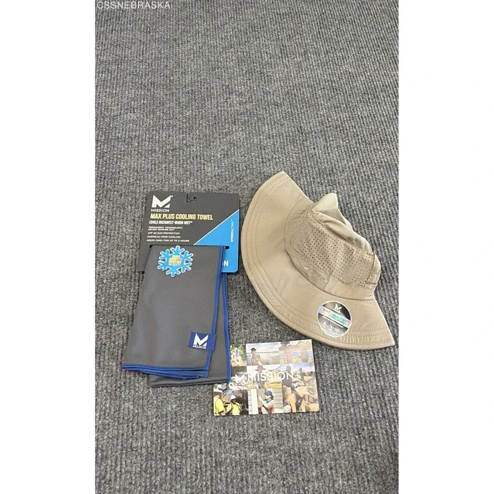 Mission HydroActive Cooling Sun Hat Khaki & Max Plus Cooling Towel Gray Set NWT